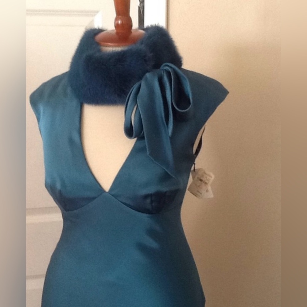 Nicole Miller Vintage Teal Silk Dress w/ Mink Collar – 1960s Style, Size 4